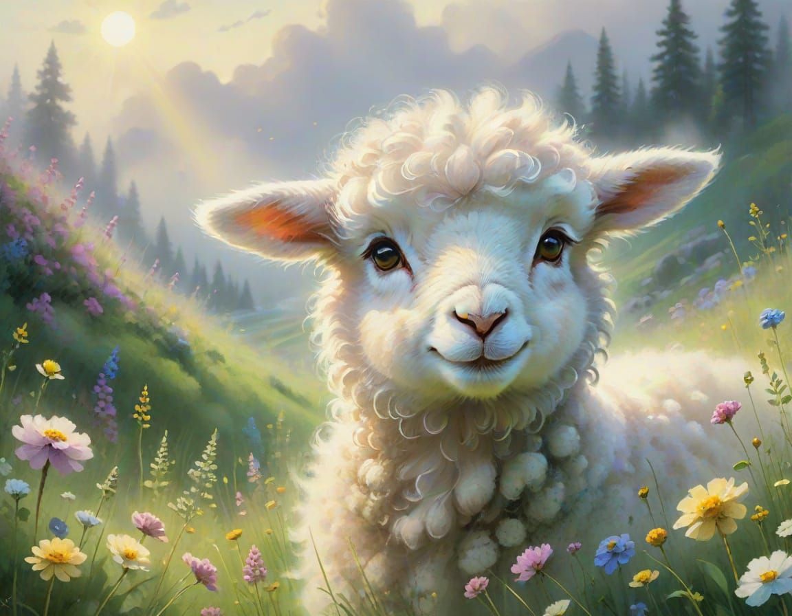 Pastel Lamb in Meadow, Thomas Kinkade Style
