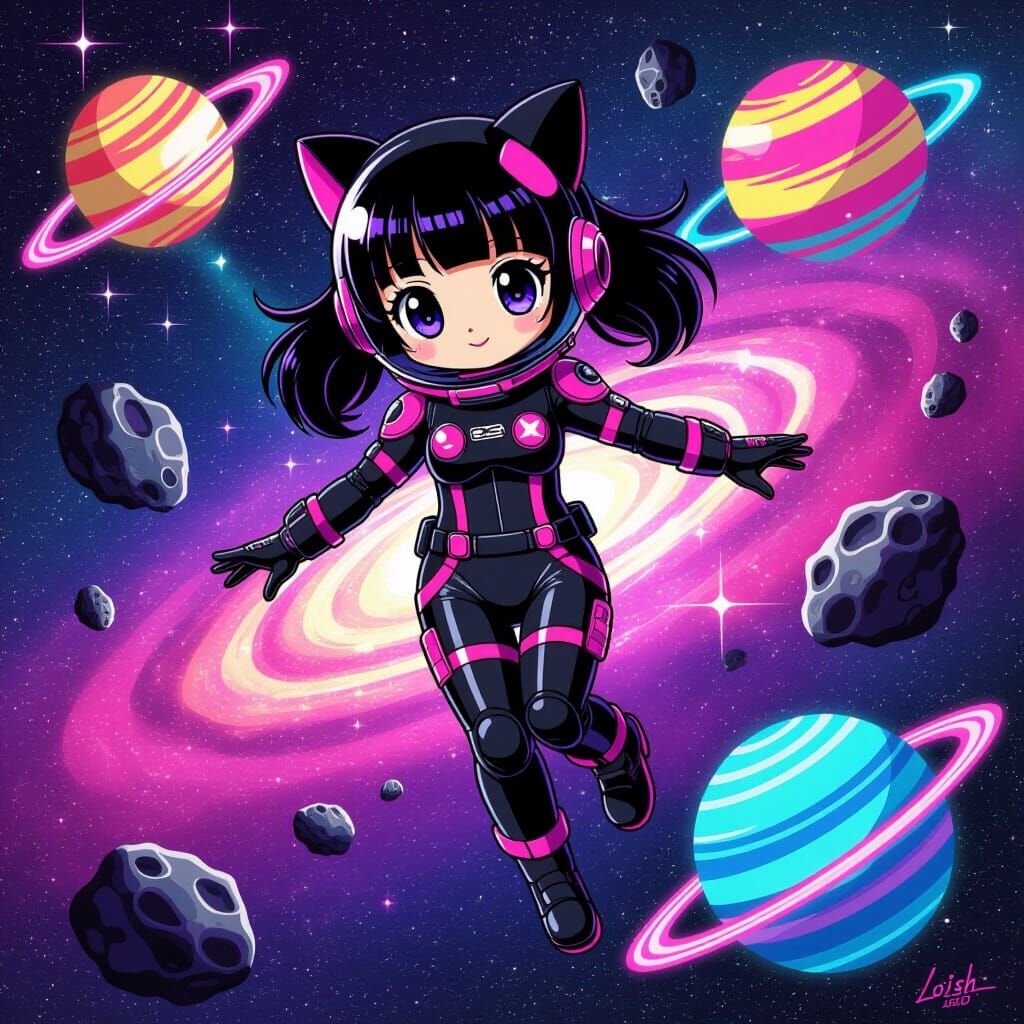 Kuromi in Space Suit Amidst Neon Galaxy