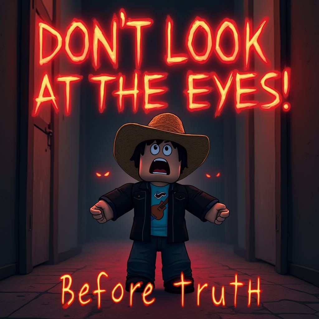 Frozen Roblox Character in Eerie Hallway with Red Eyes and W...