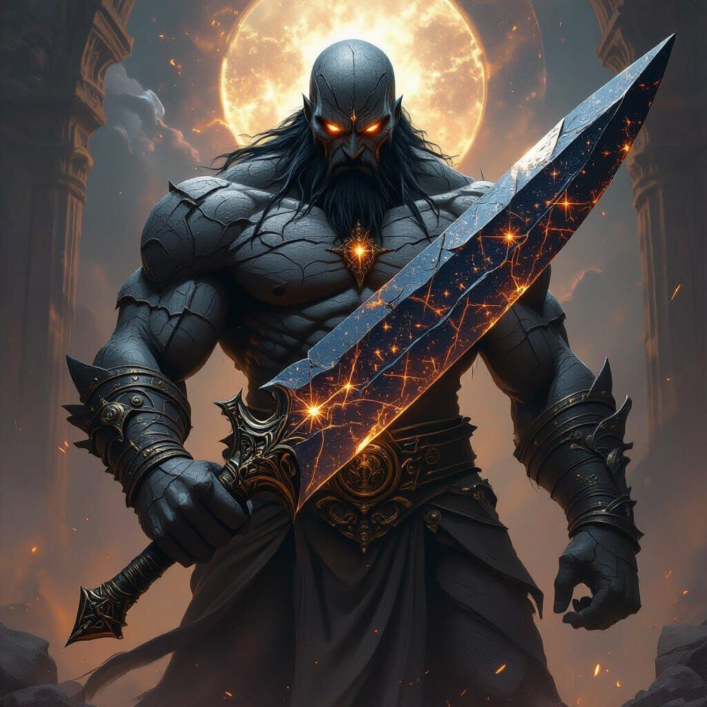 Colossal Titan God Wielding Obsidian Knife in Fantasy Style