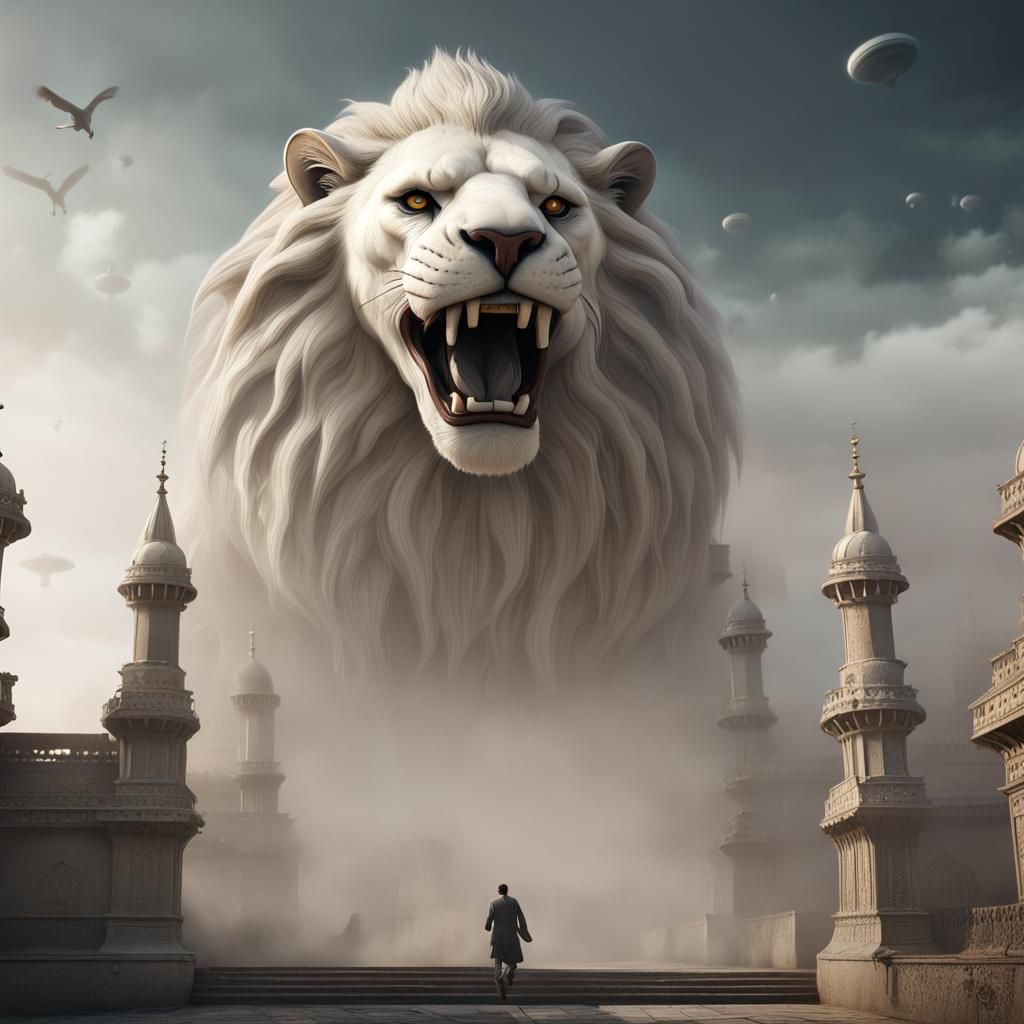 Giant White Lion Lands in Lahore: Fantasy Art