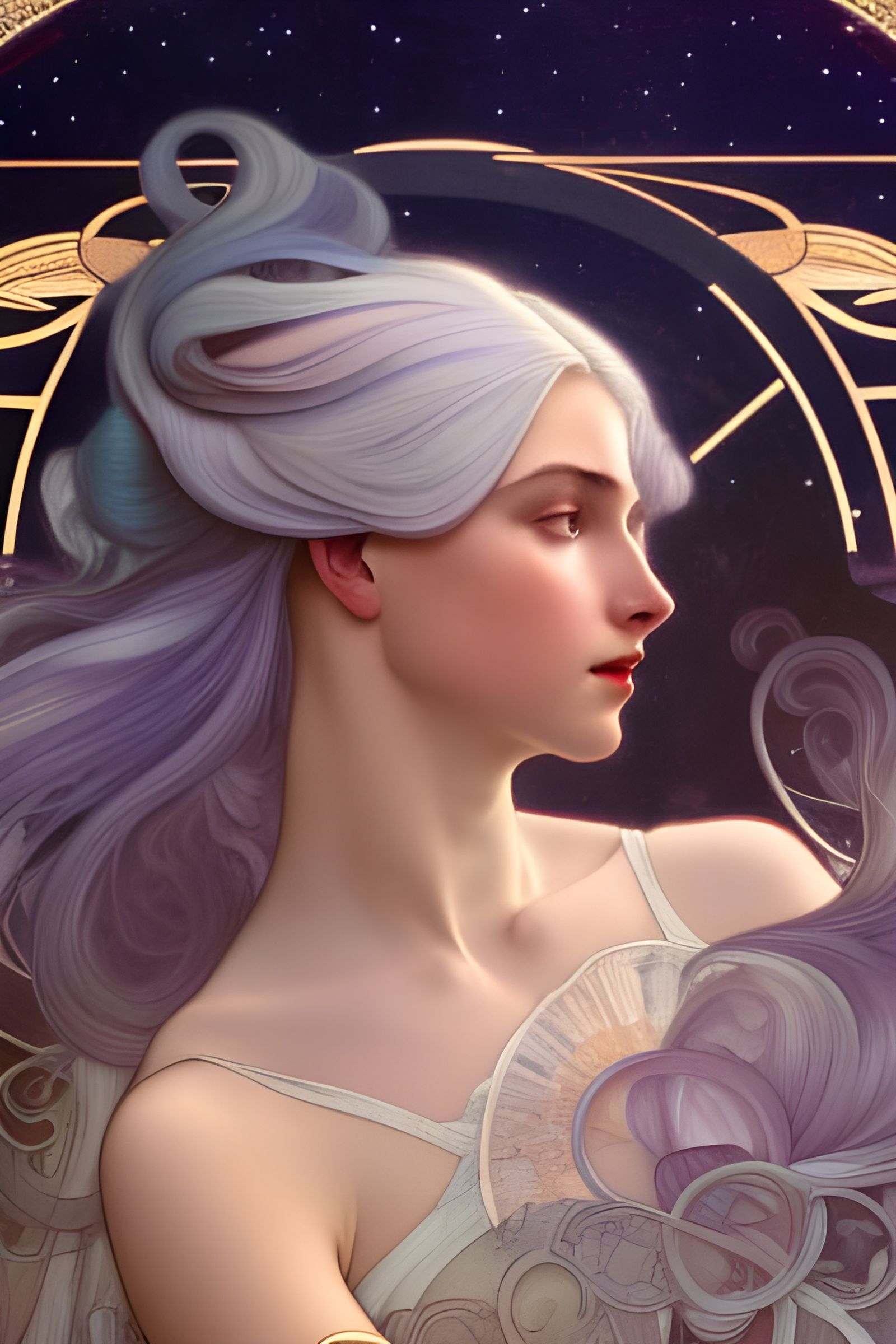 White-Haired Woman in Art Deco Starry Scene