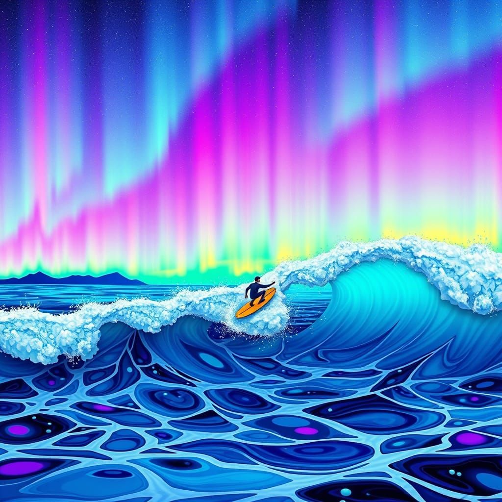 Psychedelic Kandinsky-Inspired Surfer Rides Twilit Aurora Bo...