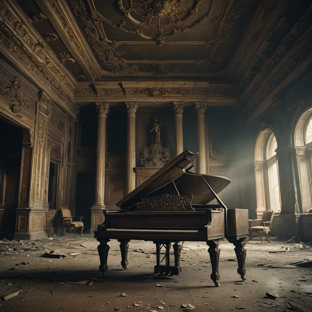 Eerie Abandoned Mansion Ballroom with Piano