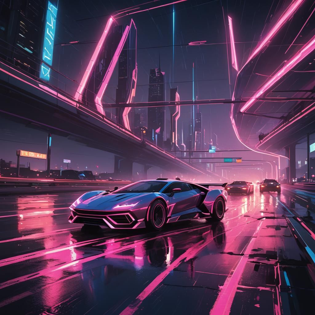 Neon Highway Car Race in Cyberpunk Style
