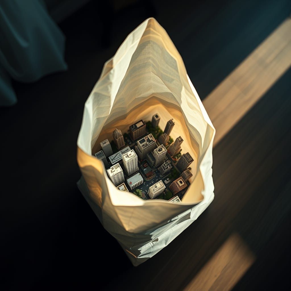 Miniature Cityscape Inside a Crumpled Paper Bag