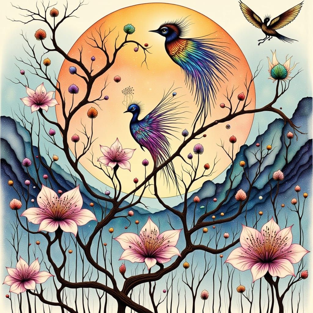 Surreal Japanese-Inspired Birds Against a Moonlit Night Sky