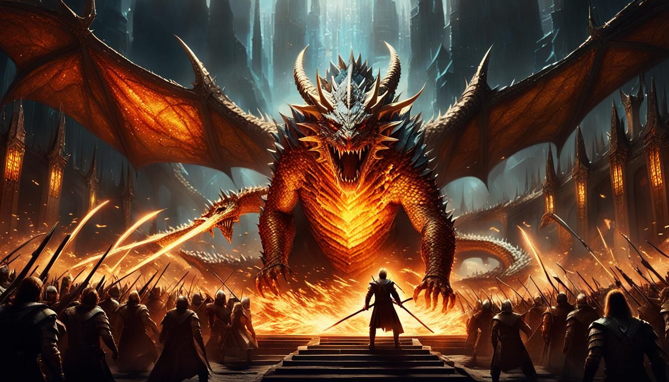 Heroic Warrior Confronts Dragon in Fantasy Battle
