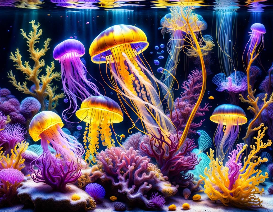 Bioluminescent Jellyfish Illuminate Submarine in Deep Sea