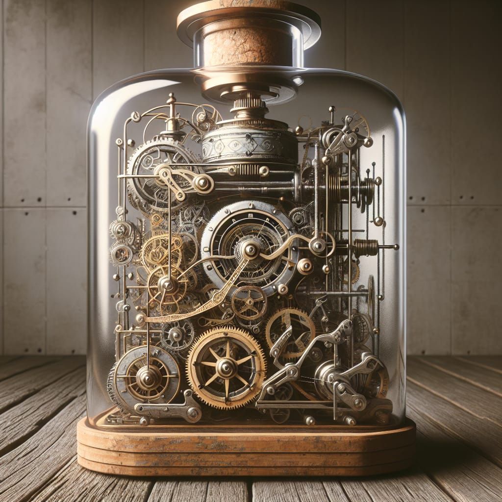 Steampunk Clockwork Machine Inside Glass Bottle