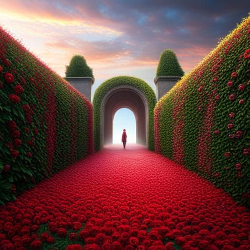 Hyperrealistic Rose Labyrinth with Cherries and Crystals