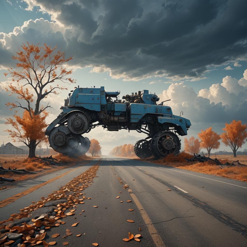 Serene Machine on Deserted Road: Matte Painting