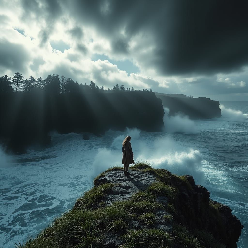 Woman on Rugged Cliff Edge in Dramatic Late Afternoon Light