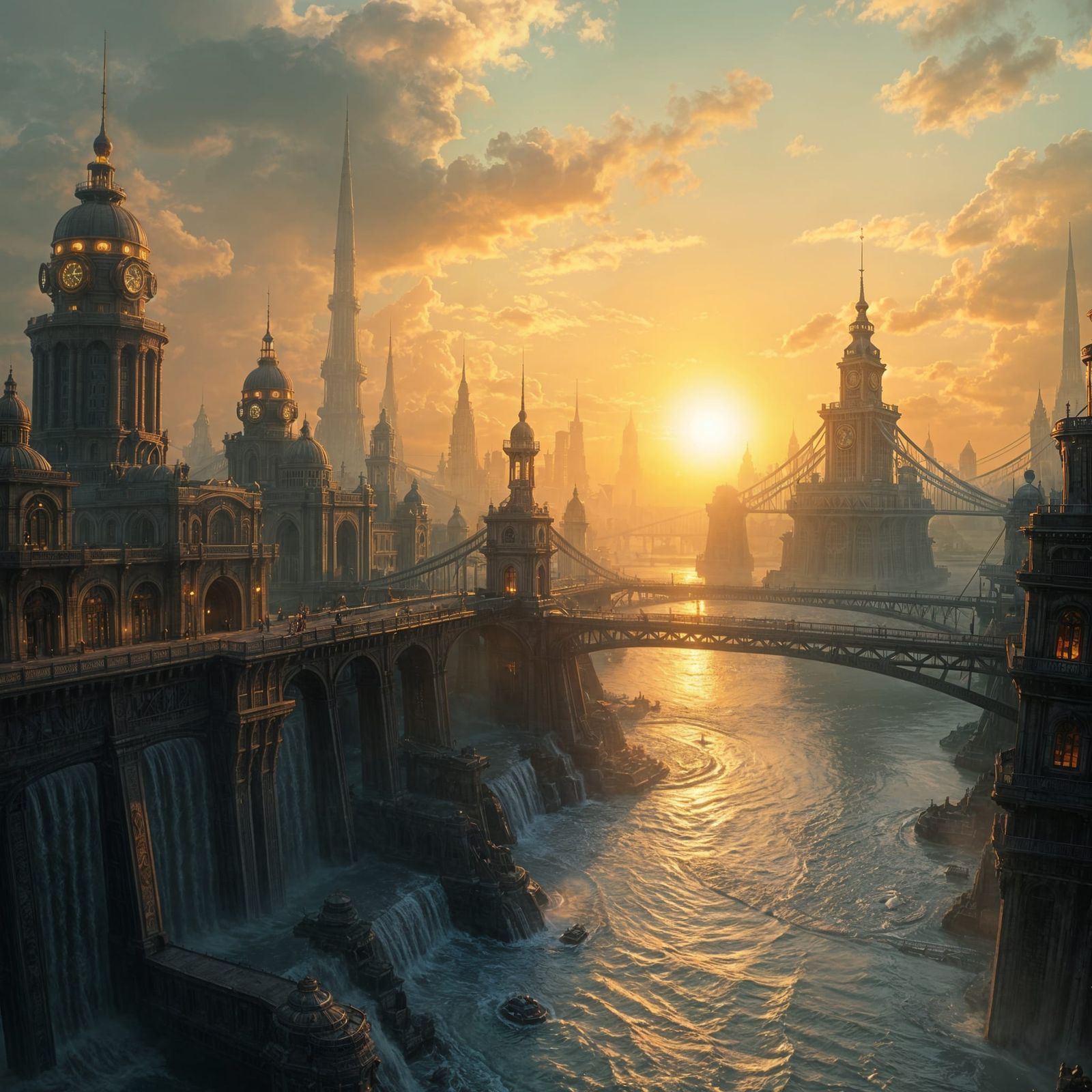 Golden Cityscape: Waterpunk Metropolis in Art Deco Splendor