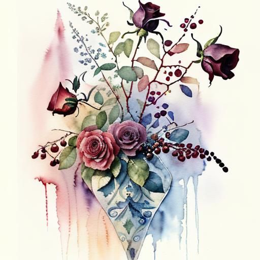 Berries and Roses Watercolor Patchwork Painting