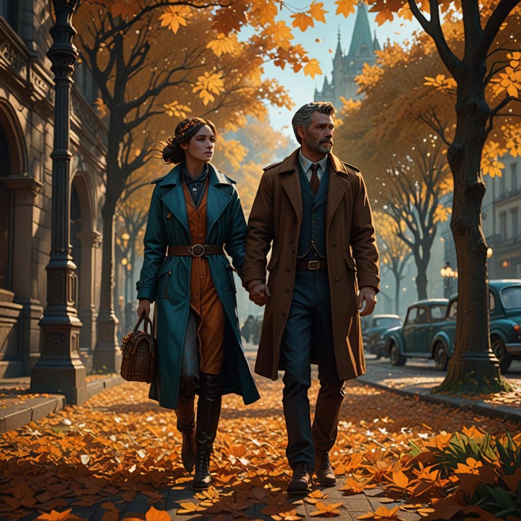 Autumn Stroll: Hyperrealistic Digital Art with Lantern Light