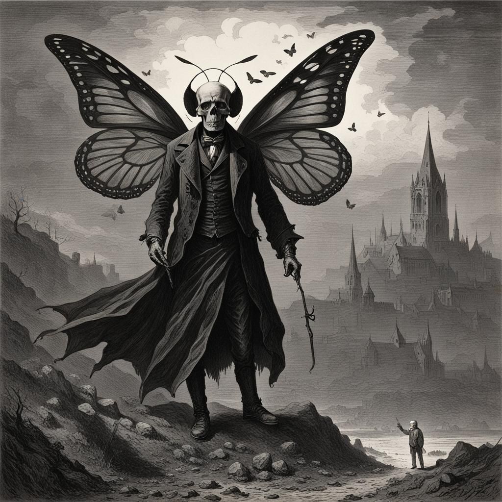 Skull Butterfly in Dark Engraving Style