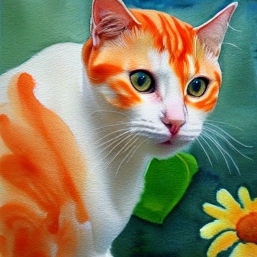 Hyperrealistic Watercolor of Orange and White Cat