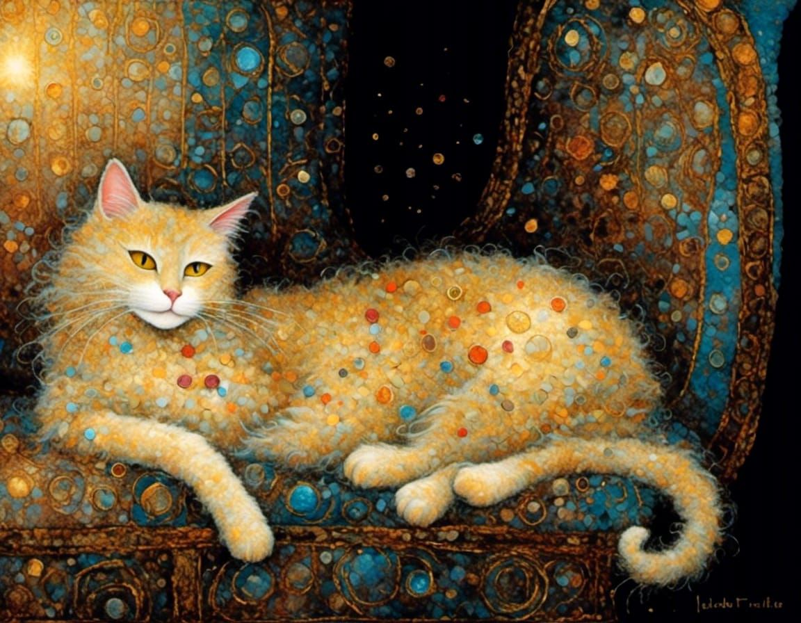 Vivacious Cat in Gustav Klimt Style with Gold Accents