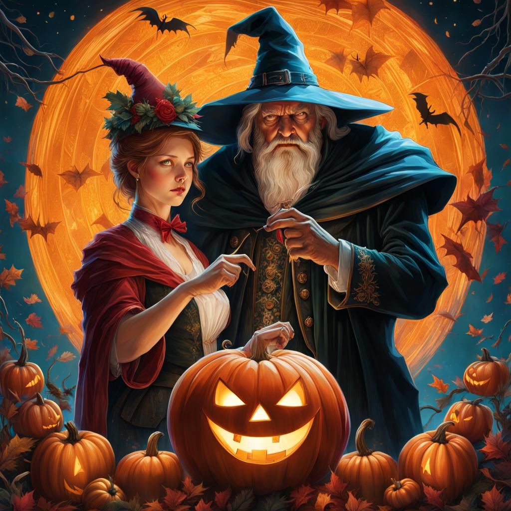Halloween and Christmas Spirits in Love: Digital Illustratio...