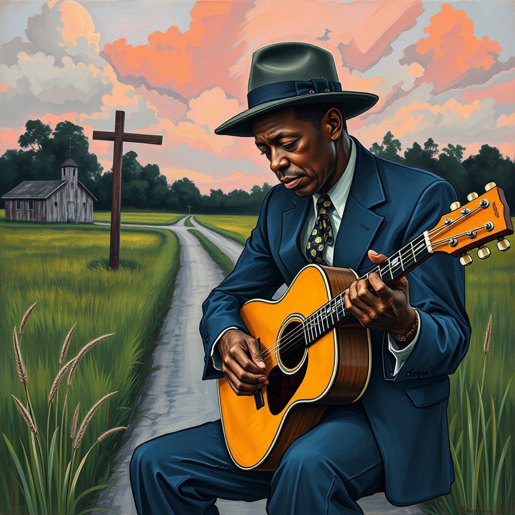 Robert Johnson Plays Blues Guitar at Crossroads in Louisiana