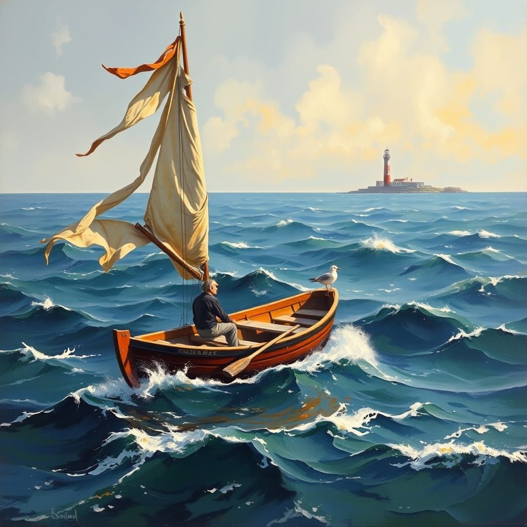 Sailor's Despair: Rowboat Adrift in Turbulent Sea