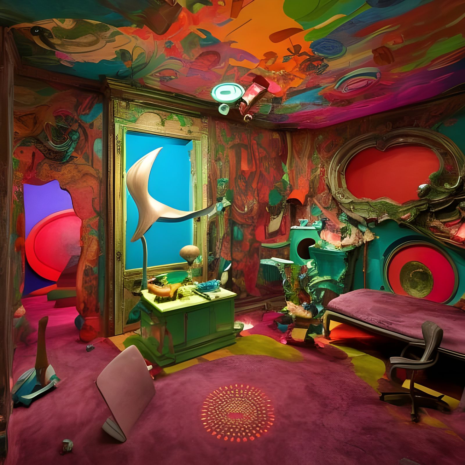 Futuristic Room with Bizarre Furniture and Magical Prisms