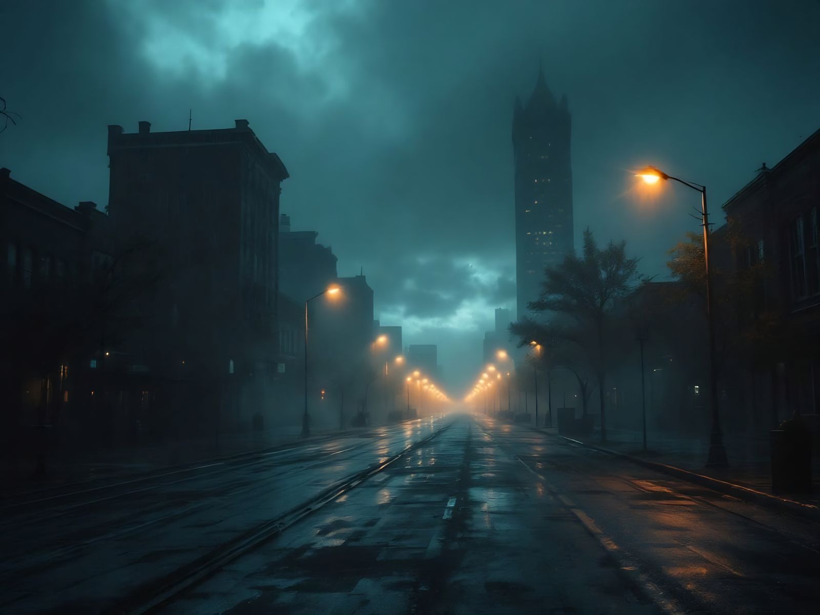 Eerie Nightfall on Abandoned City Streets