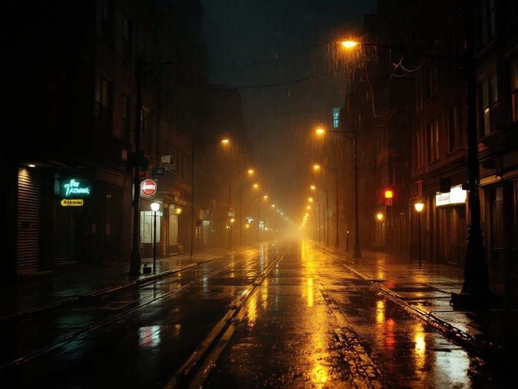 Desolate City Street at Night