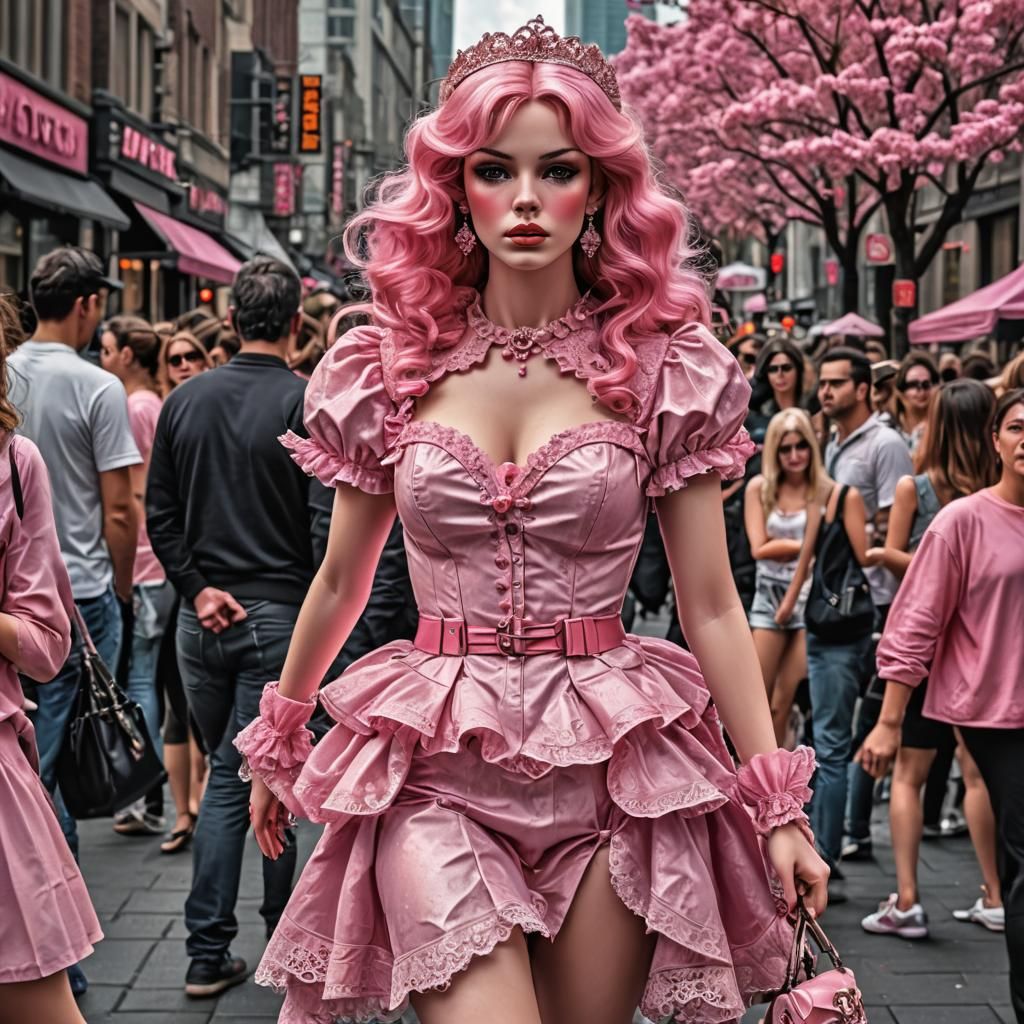 Pink Figure Displayed Outdoors: Hyperrealistic Composition