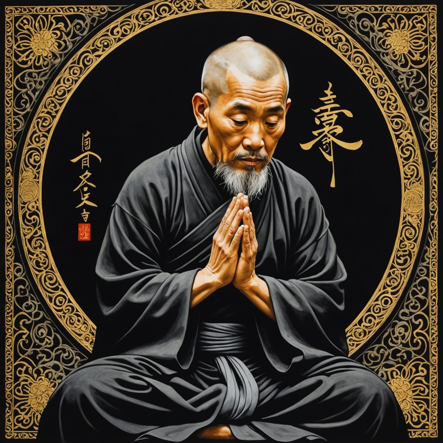 Kakejiku Painting of Praying Monk with Calligraphy