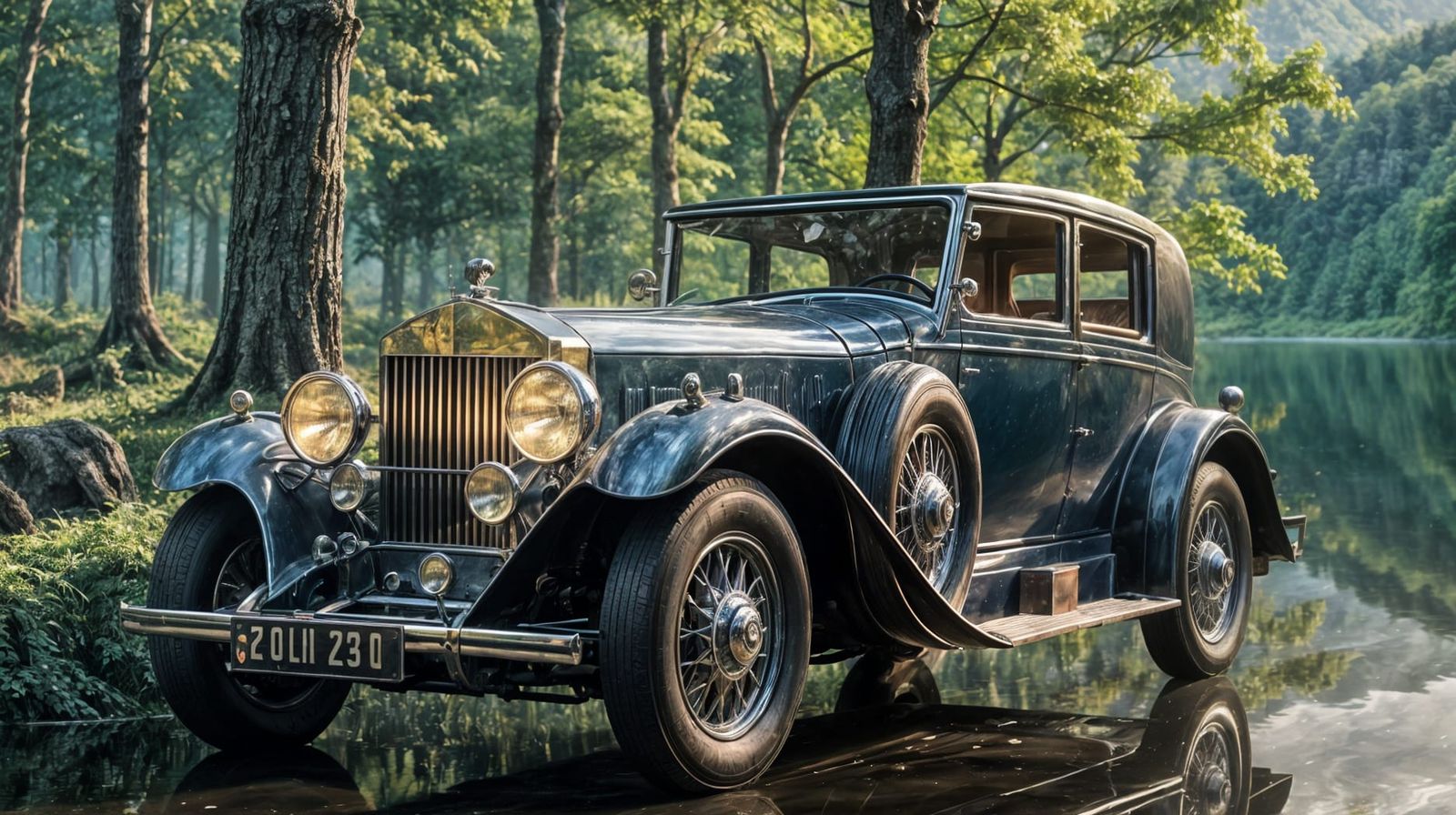 Silver 1924 Rolls Royce in Forest, Matte Painting