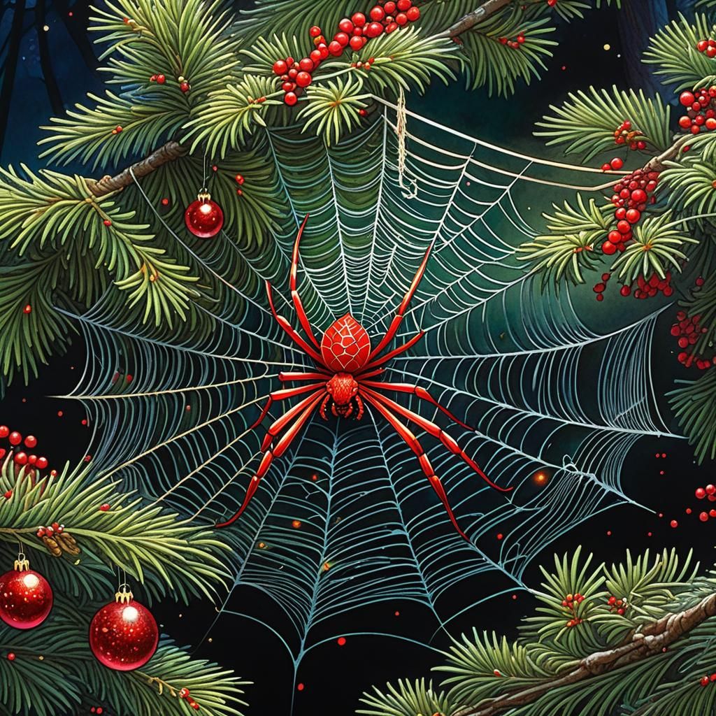 Festive Red Spider on Christmas Tree Illustration