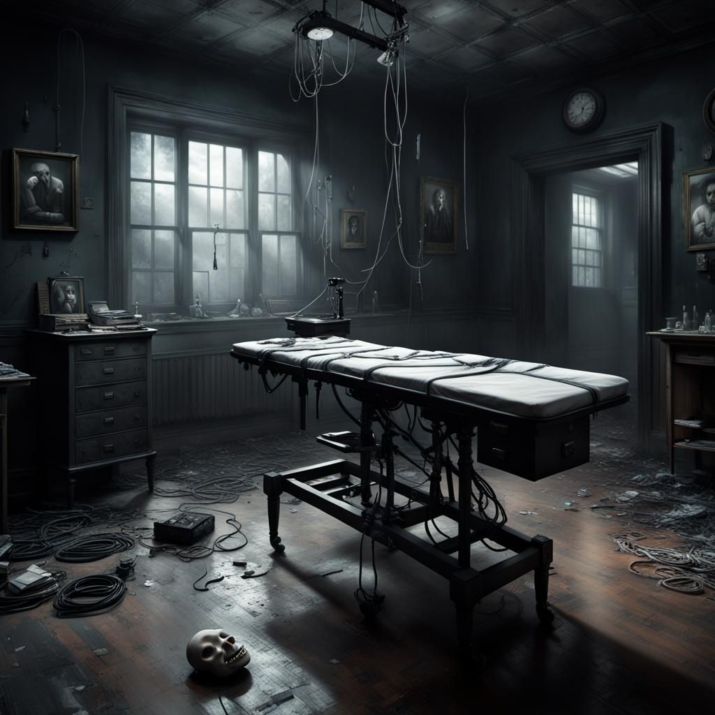 Sinister Asylum Electroshock Room with Mime in Digital Paint...