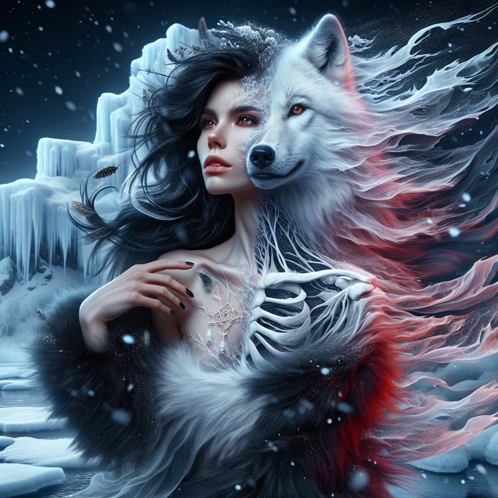 Wolf and Woman Merge in Snowy Fantasy Art