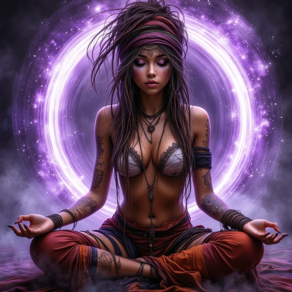 Mystical Elemental Woman in Meditation, Conjuring Ethereal E...