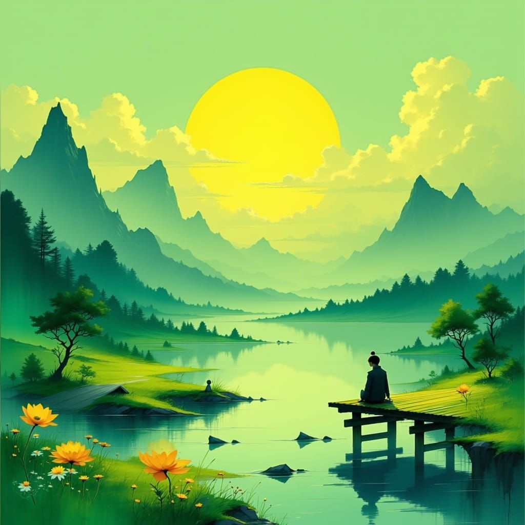 Luminous Amber Lake Landscape at Sunset