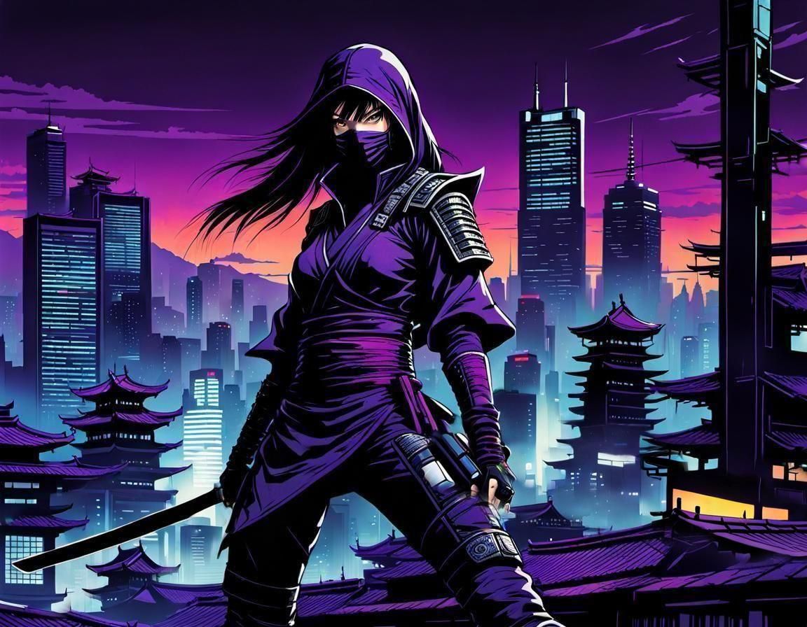 Cyberpunk Ninja on Feudal Japan Rooftop Art