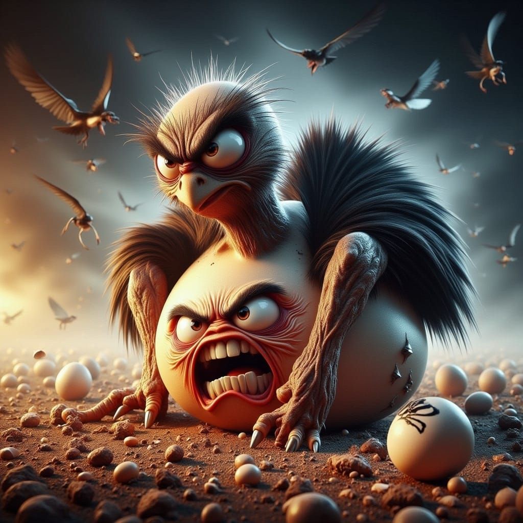 Ostrich and Furious Egg: Hyper-Detailed Caricature