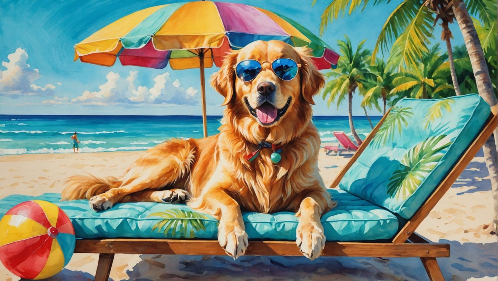 Golden Retriever on Tropical Beach, Watercolor Gouache