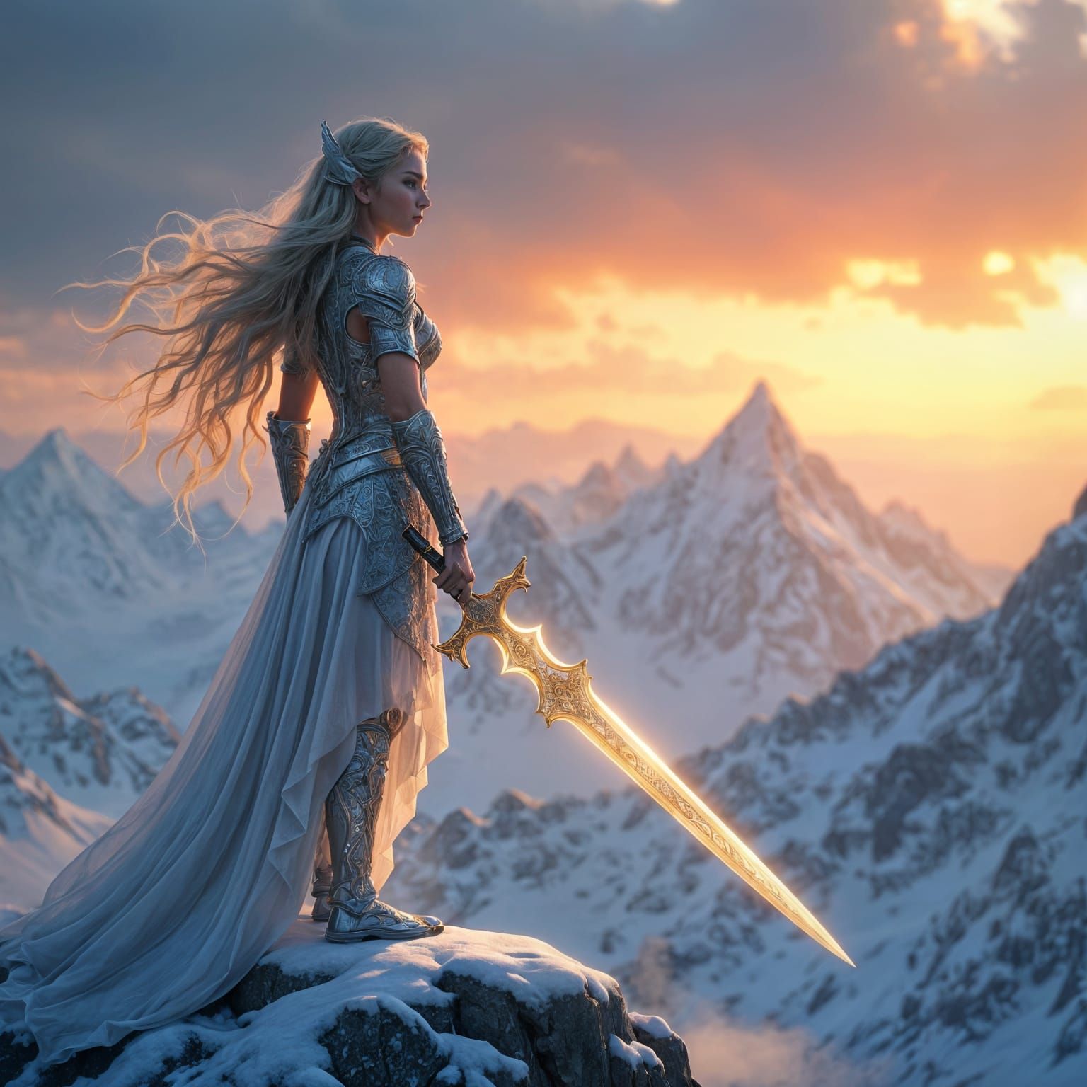 Elf Warrior on Snowy Peak at Dawn
