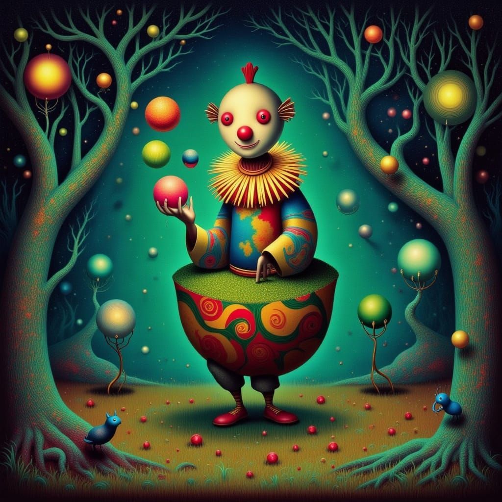 Whimsical Clown Juggles Light Orbs in Ethereal Forest