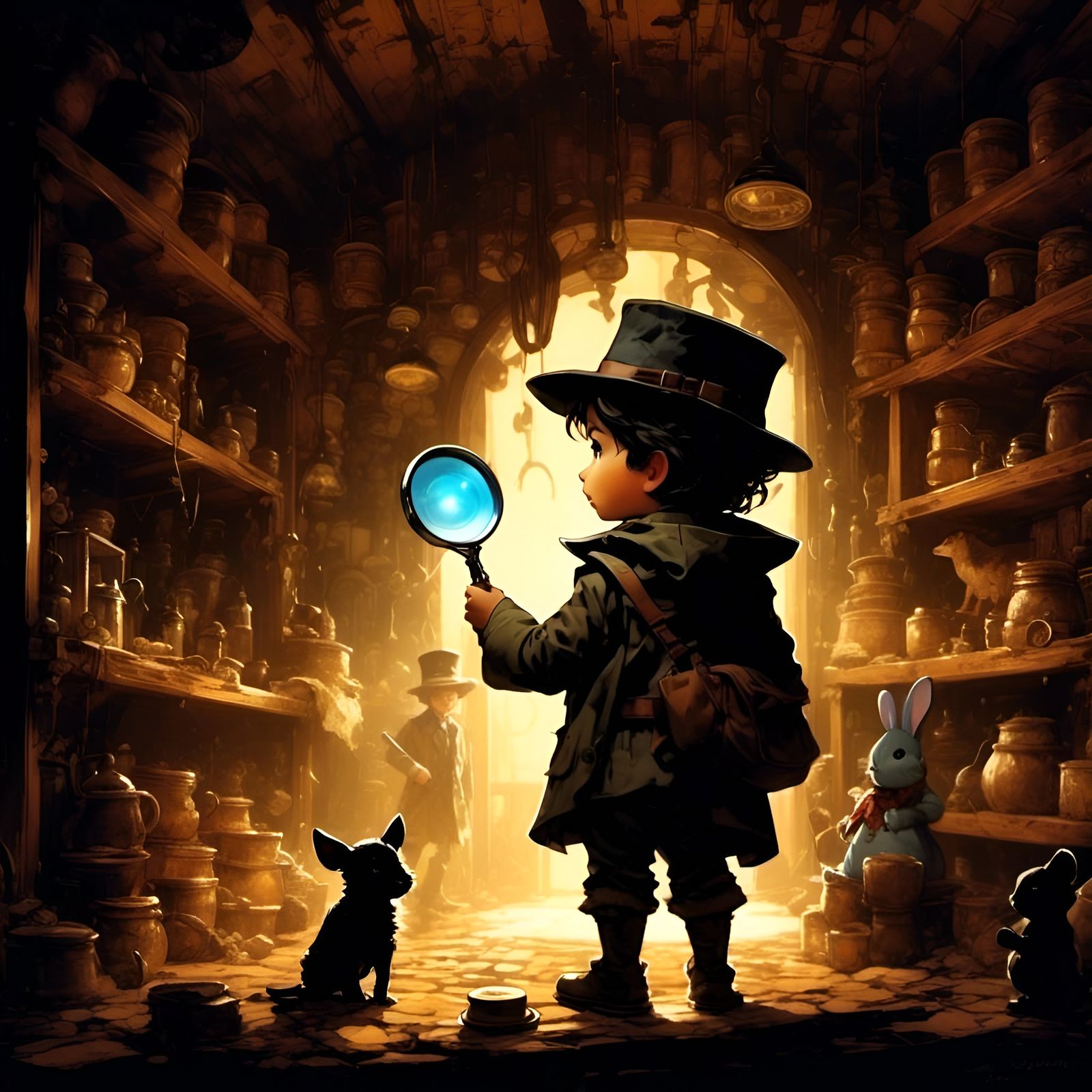 Chibi Detective Investigates Toy Mystery in Dark Basement