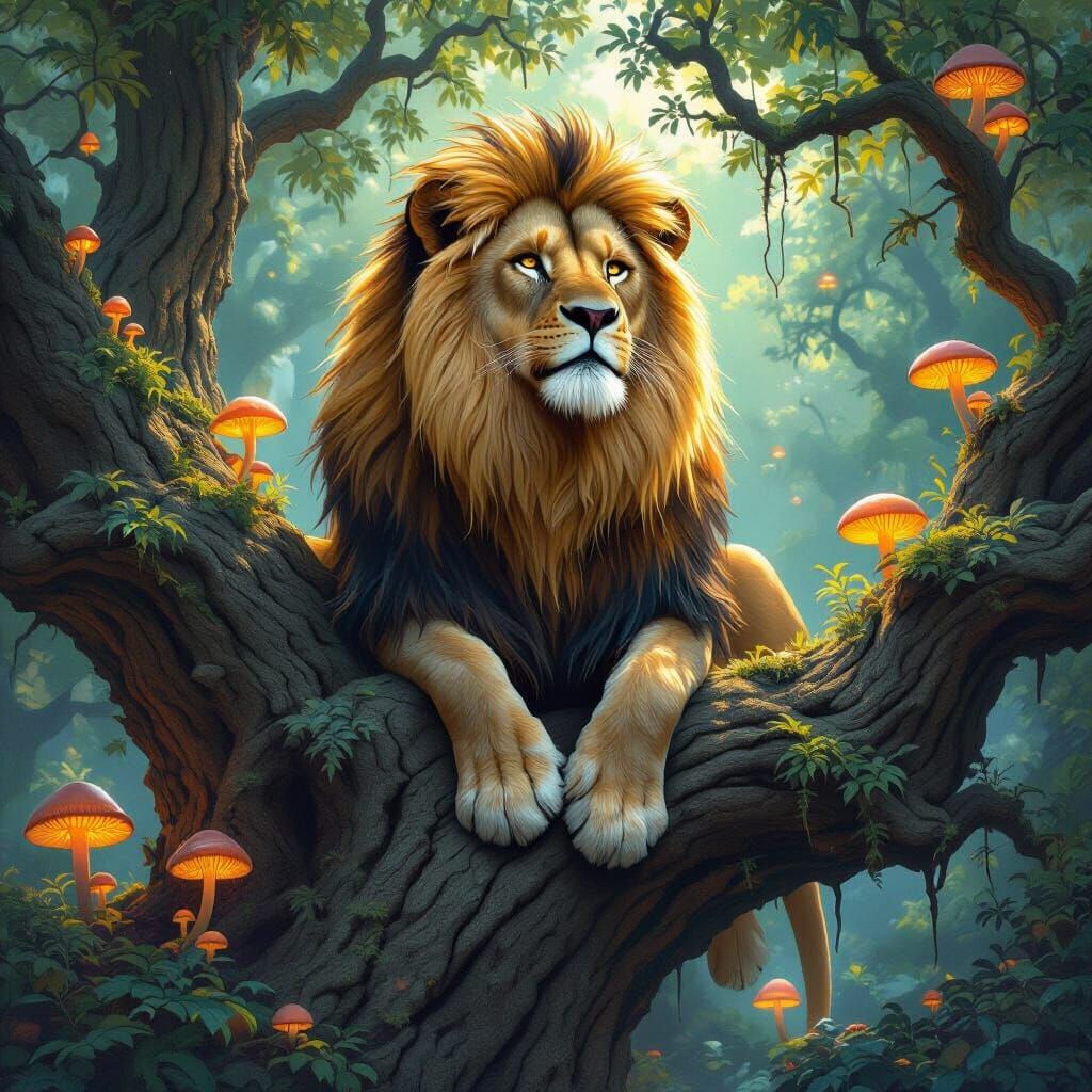 Lion King on Mystic Tree, Hyperrealistic Forest Scene