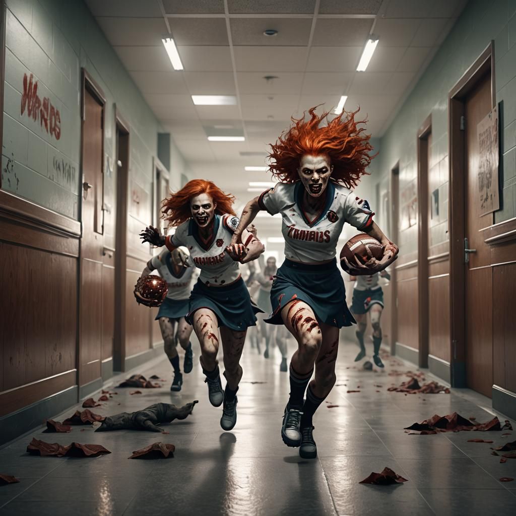 Redhead Zombie Cheerleaders Chase Werewolf in Hallway