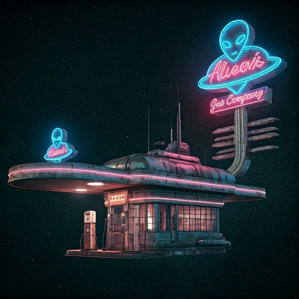 Retro-Futuristic Alien Gas Station in Space