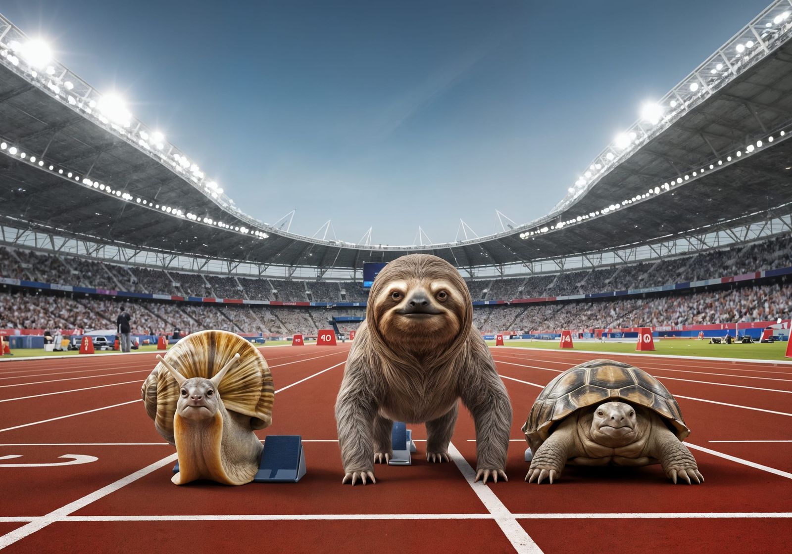 Sloth, Snail, Tortoise Ready for Race in Olympic Stadium