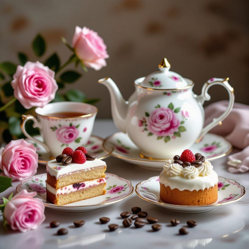 Exquisite Tea Set with Roses and Desserts, Hyperrealistic St...