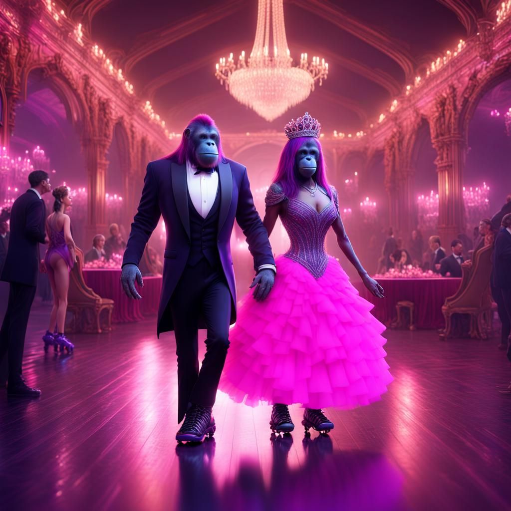 Orangutan Royalty Dancing in a Neon Ballroom