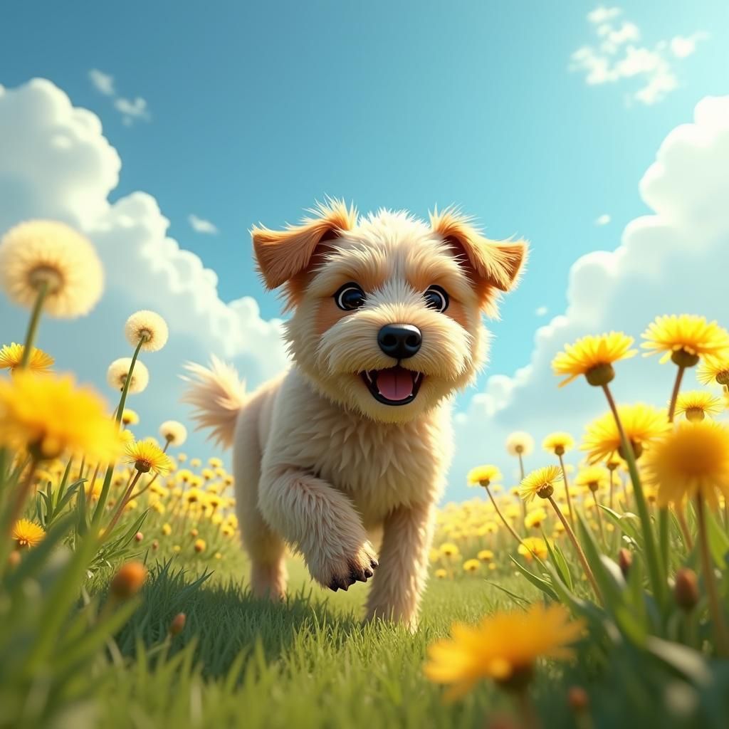 Dog in Dandelion Meadow, Matte Painting